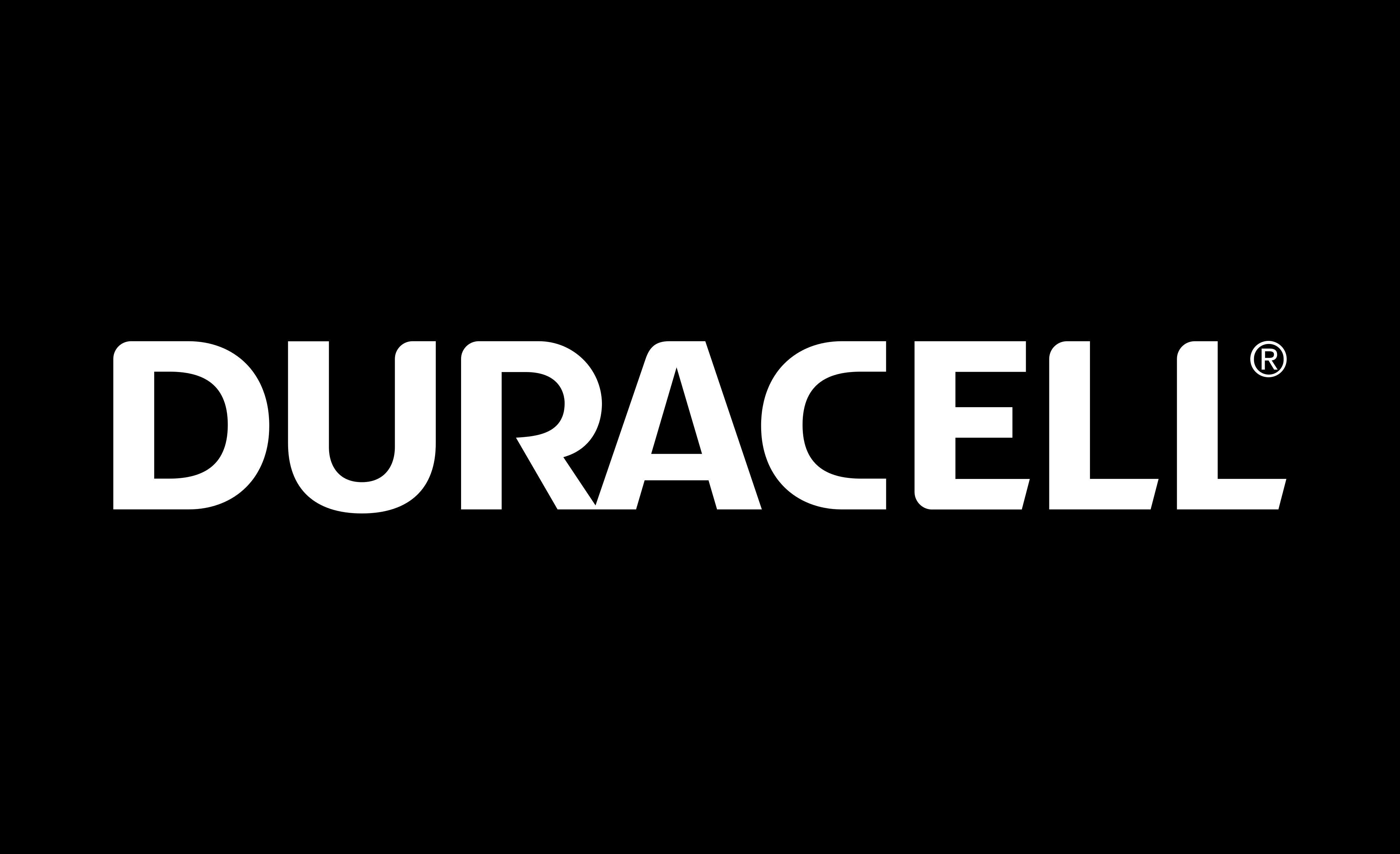 Logo firmy DURACELL, biały napis DURACELL na czarnym tle