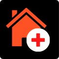 Pomarańczowo-czerwony dom a w jego dolnym prawym rogu czerwony krzyż w białym okręgu symbolizujący zastosowania medyczne. na czarnym tle.