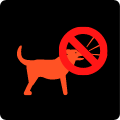 Pomarańczowo-czerwony szczekający pies a na jego pysku czerwony znak zakazu, na czarnym tle.