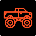 Pomarańczowo-czerwony monster truck symbolizujący zabawkę na czarnym tle.