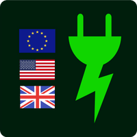 Ikona przedstawia wtyczkę zakończoną błyskawicą oraz flagi kolejno UE, US i UK odnoszące się do końcówek znajdujących się w zestawie.