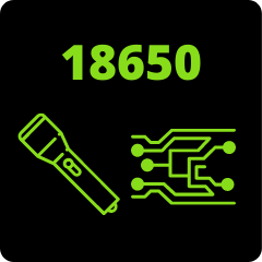Napis 18650 ikonka latarki i elektroniki. Symbolizuje szerokie zastosowanie GP 18650 Li-ION.