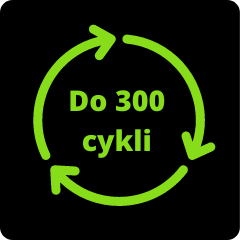 Graficzna reprezentacja cyklu w środku napis Do 300 cykli. Wytrzymałość GP Li-ION 18650.