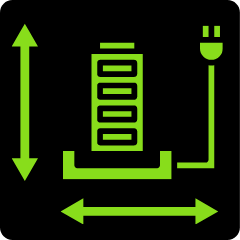 Ikona przedstawia zieloną ładowarkę do ogniw oraz dwie linie podwójnie zakończone strzałkami symbolizujący wymiary łądowarki L111.. 