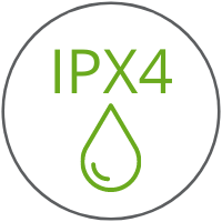 Okrąg z napisem IPX4 a pod nim kropla wody informujące o klasie wodoodporności latarki GP Design PR52.