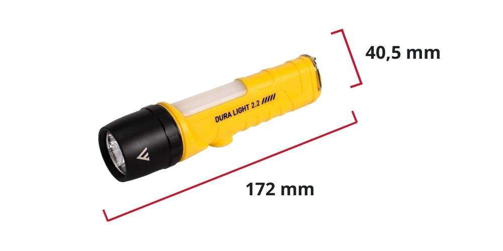 Latarka Mactronic Dura Light 2.2 z zaznaczonymi wymiarami w milimetrach.