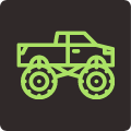 Zielony monster truck symbolizujący zabawkę na szaro-brązowym tle.