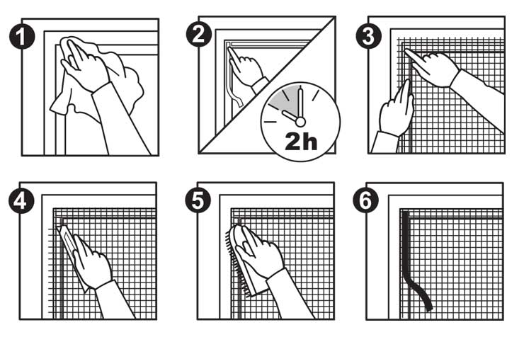 instrukcja montażu moskitiery na okno złożonej z taśmy rzepowej i siatki z włókna szklanego